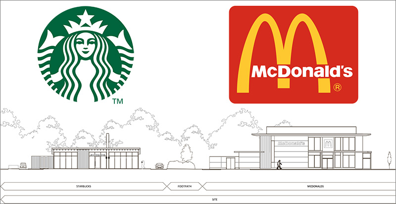 Elevations of proposed Starbucks and McDonald's restaurants.
