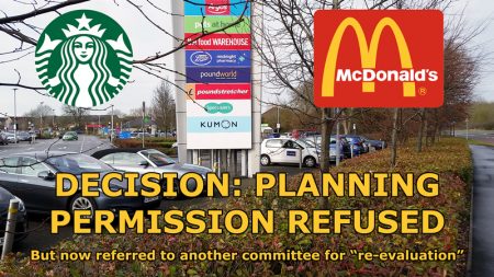 Composite image showing McDonald's and Starbucks logos overlaid on a photo of the Willow Brook Centre site.