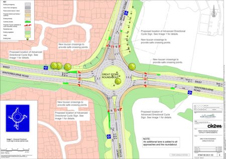 Annotated plan of proposed improvements at Great Stoke Roundabout.