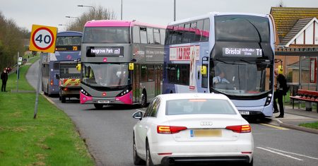 Photo showing bus chaos on Bradley Stoke Way, in the vicinity of Webbs Wood Roundabout.