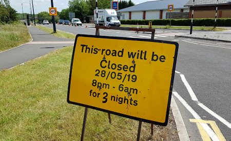 Photo of a road sign warning of overnight closures of Bradley Stoke Way in May 2019.