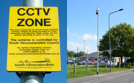 Composite image showing a 'CCTV Zone' sign and a general street view in Savages Wood Road.