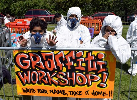 Photo of young people taking part in the street art workshop.