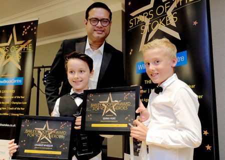 Photo of Charlie Wheeler and Senna Huke with event host Paul Sinha.