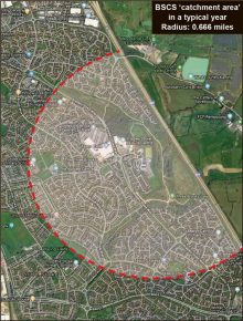 Map showing Bradley Stoke Community School catchment area in a typical year. Radius: 0.666 mile