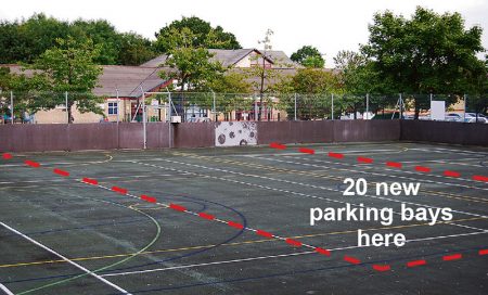 Image showing outline location of new parking bays on the hard court area (indicative only).