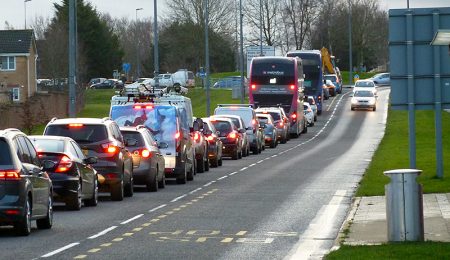 Photo of traffic congestion on the southbound approach to Great Meadow Roundabout.