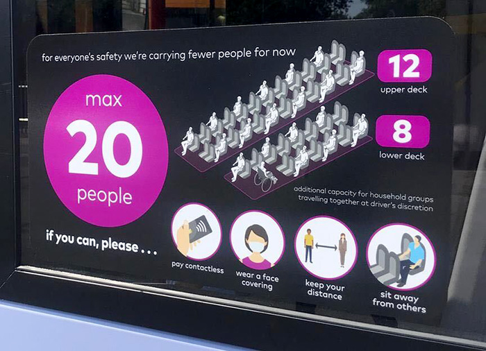 Social distancing signage on a First West of England bus. Photo of signage showing limits of 8 passengers on the lower deck and 12 passengers on the upper deck.