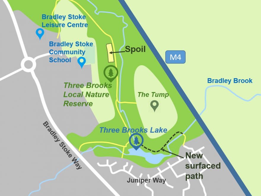 Map showing the location of the spoil dump area that will be used during the upcoming lake desilting operation. The route of a surfaced path that will be created as part of the project is also shown.