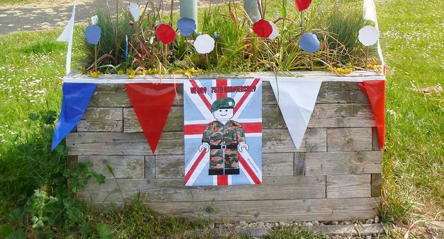 Photo of a 'Welcome to Bradley Stoke' planter decorated for VE Day 75.