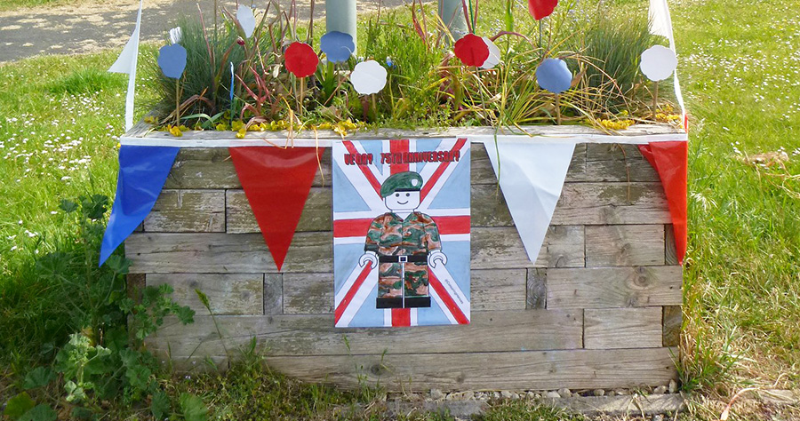 Photo of a 'Welcome to Bradley Stoke' planter decorated for VE Day 75.