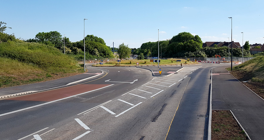 Photo of the Bradley Stoke Way arm of Great Stoke Roundabout (31st May 2020).