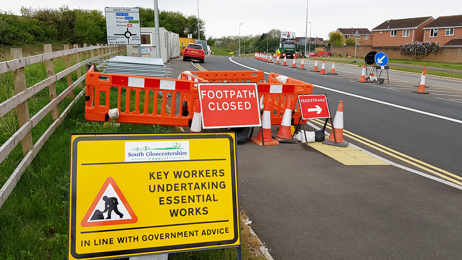 The work at Great Stoke (Rabbit) Roundabout was deemed 'essential' Photo of road sign indicating that 'key worker'