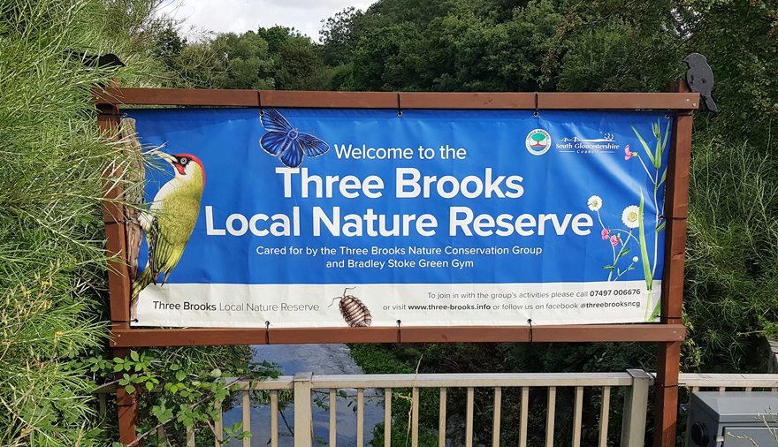 Banner promoting the Three Brooks Local Nature Reserve in Bradley Stoke.