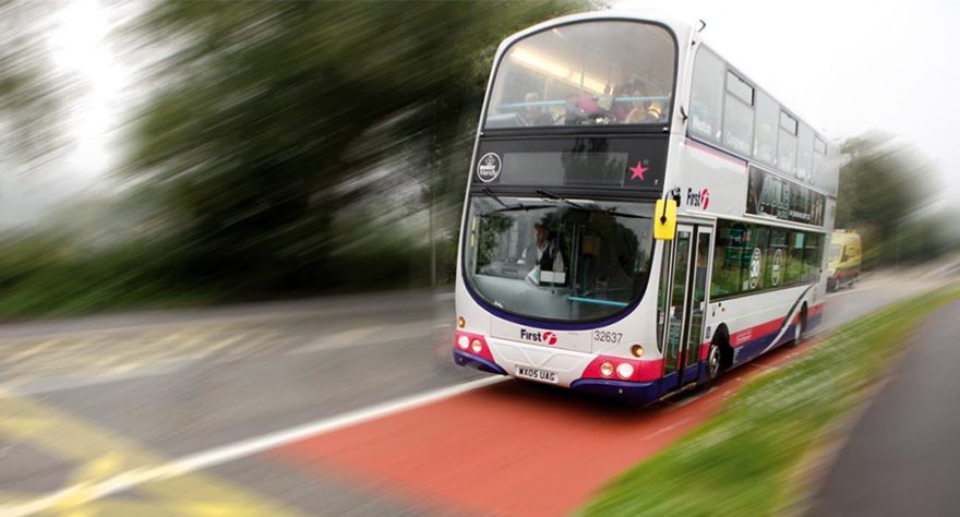 Photo of a double decker bus in First Bus livery.