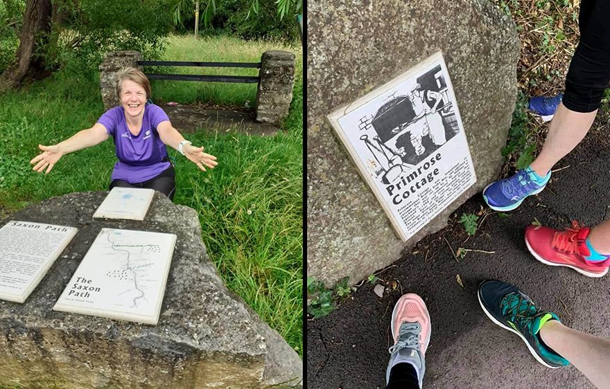 Two photos of Sole Sisters runner by the Living Landmarks plaques on The Common East.