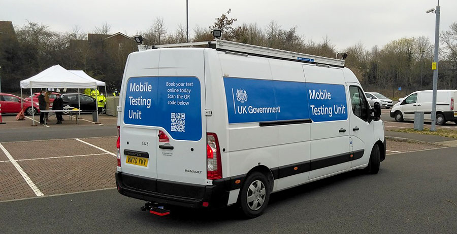 Covid-19 community surge testing at the Parkway North Park and Ride site, Stoke Gifford. Photo of a Covid-19 mobile testing unit.