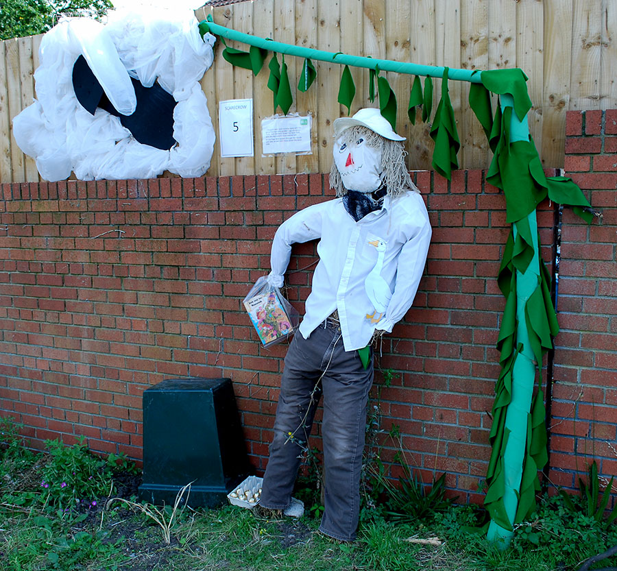 Mayor's Favourite Scarecrow (joint winner): Jack and the Beanstalk. Photo of a scarecrow and accesories depicting Jack and the Beanstalk.