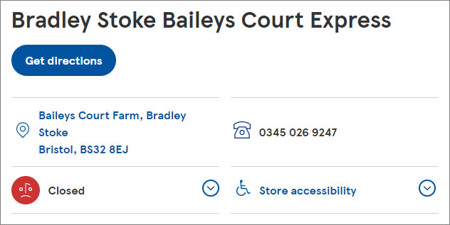 Webpage of the Tesco Express Baileys Court store on 22nd October 2021. Webpage screenshot.