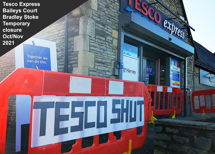 'TESCO SHUT' sign outside the Tesco Express store at Baileys Court, Bradley Stoke. Photo of a large 'shut' sign in front of a shop.