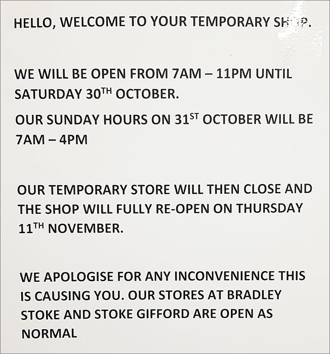 Notice displayed within the temporary shop. Photo of a notice.
