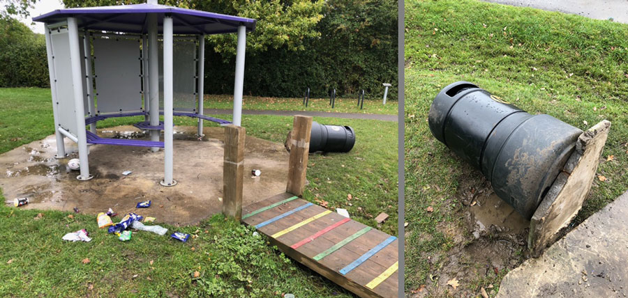 Vandalism in the Beacon Play Area. Collage of two photos showing a damaged shelter and a toppled litter bin.