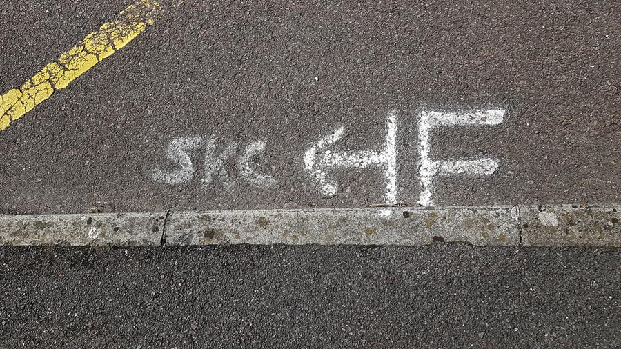Photo of spray paint markings on a road surface.