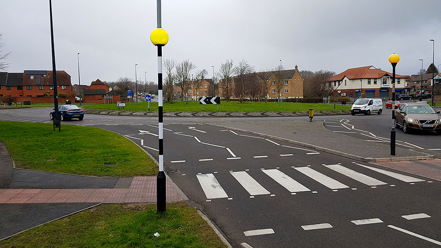 Patchway Brook (Aldi) Roundabout on Bradley Stoke Way. Photo of a roundabout and zebra crossing.