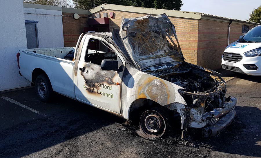 One of two council-owned vehicles damaged in the car park at Little Stoke Park. Photo of a fire-damaged pick-up truck.