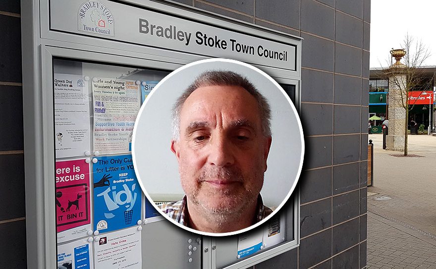 Headshot of a man superimposed over a council noticeboard.