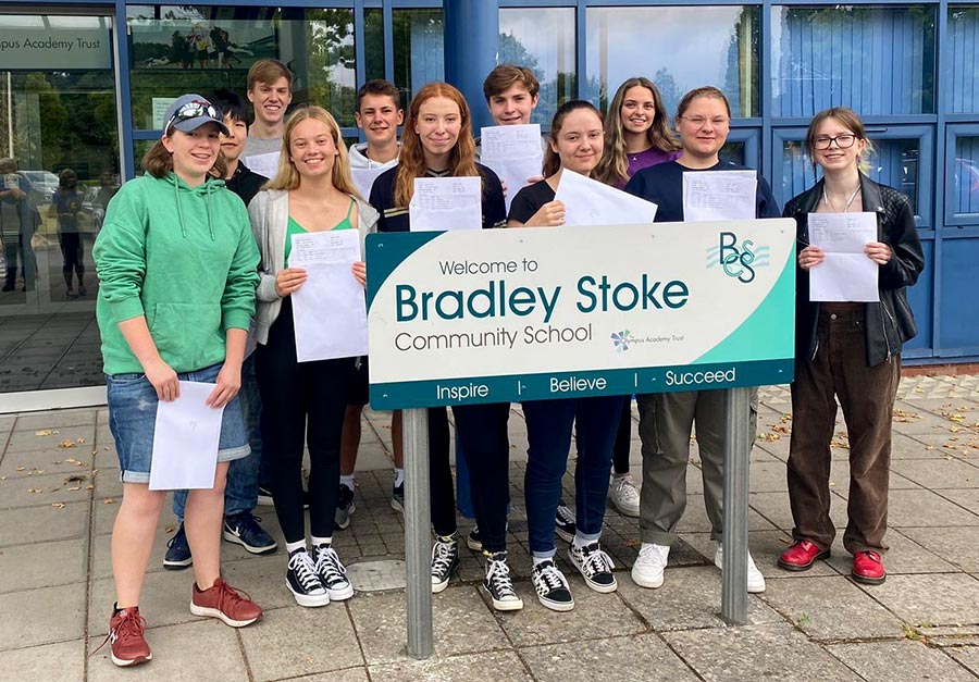 Post-16 students at Bradley Stoke Community School celebrate their examination results. Photo of a group of students holding envelopes.
