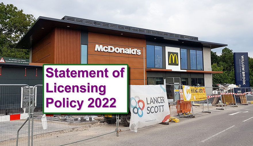 Photo of a building under construction overlaid with a text relating to licensing policy.