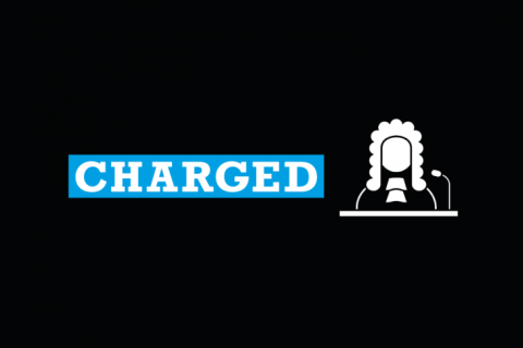 Graphic showing image of a judge and the word 'charged'.