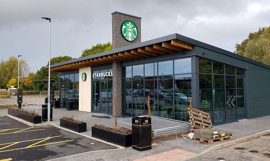 Photo of an under-construction Starbucks restaurant.