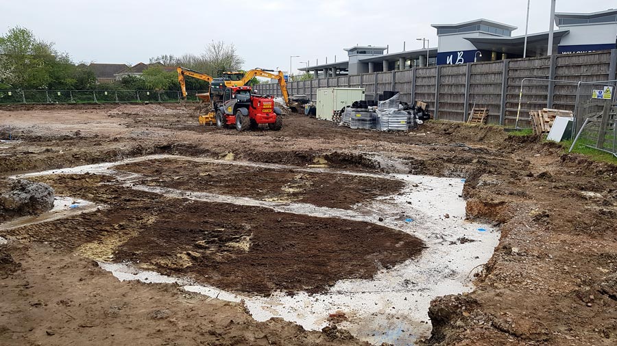 Foundations being laid at a housing development off Hornbeam Close, Bradley Stoke. Photo of a building site.