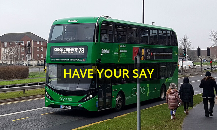 Composite image of a bus overlaid with the phrase "Have your say".