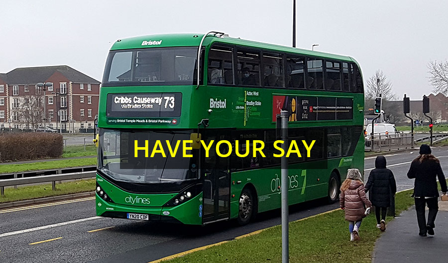 Composite image of a bus overlaid with the phrase "Have your say".