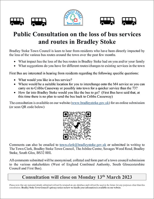 Public Consultation on the loss of bus services and routes in Bradley Stoke. Image of a public consultation notice.