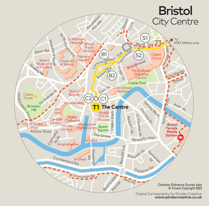 T1 bus service: Route from 2nd April 2023. Route map.