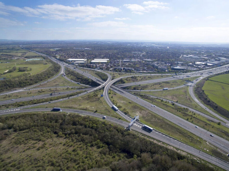 Aerial view of a motorway interchange.