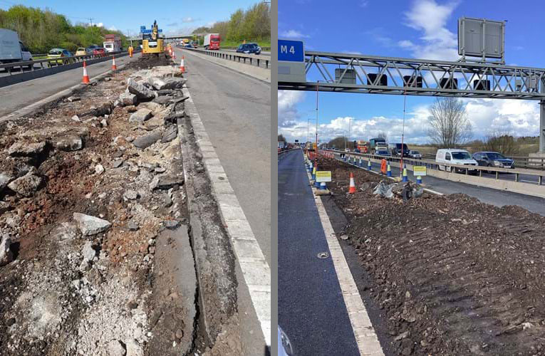 Collages of two photos showing demolished central barrier on a motorway.