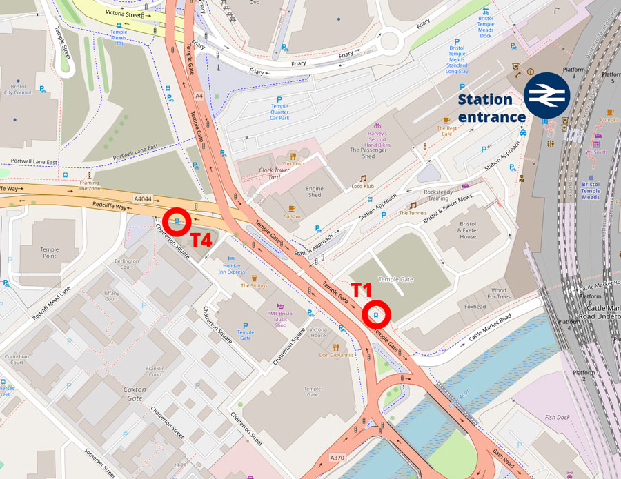 Location of Temple Meads Station stops used by the 73 bus service from 3rd September 2023. Map showing location of bus stops.