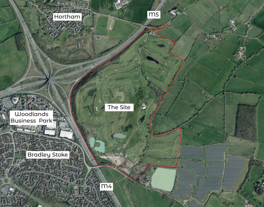 Satellite view showing the site of the proposed Woodlands Garden Community (red outline). Location map (satellite view).
