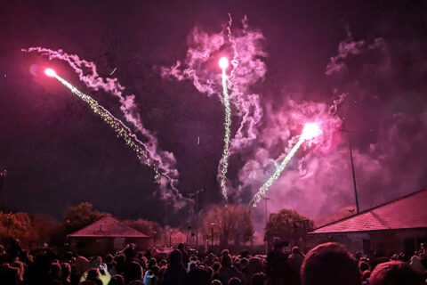 Photo of a crowd watching a fireworks display.