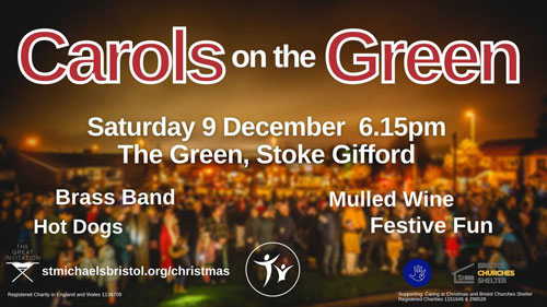 'Carols on The Green' event in Stoke Gifford on Saturday 9th December 2023. Promotional poster.