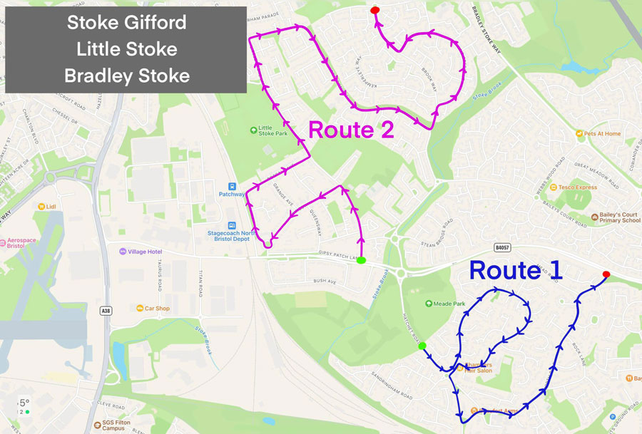 Route map for The Float Group's Christmas float on Friday 8th December 2023, when it will visit Stoke Gifford, Little Stoke and Bradley Stoke. Route map.