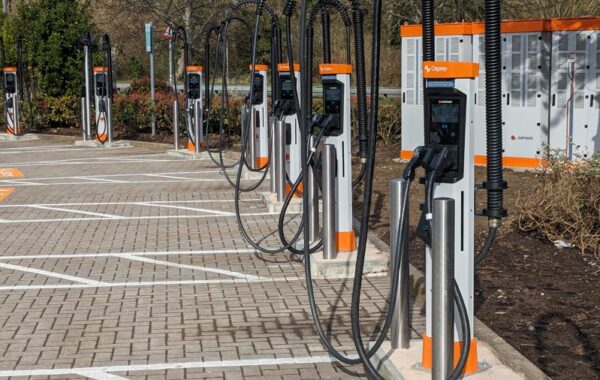 Photo of a bank of EV chargers.